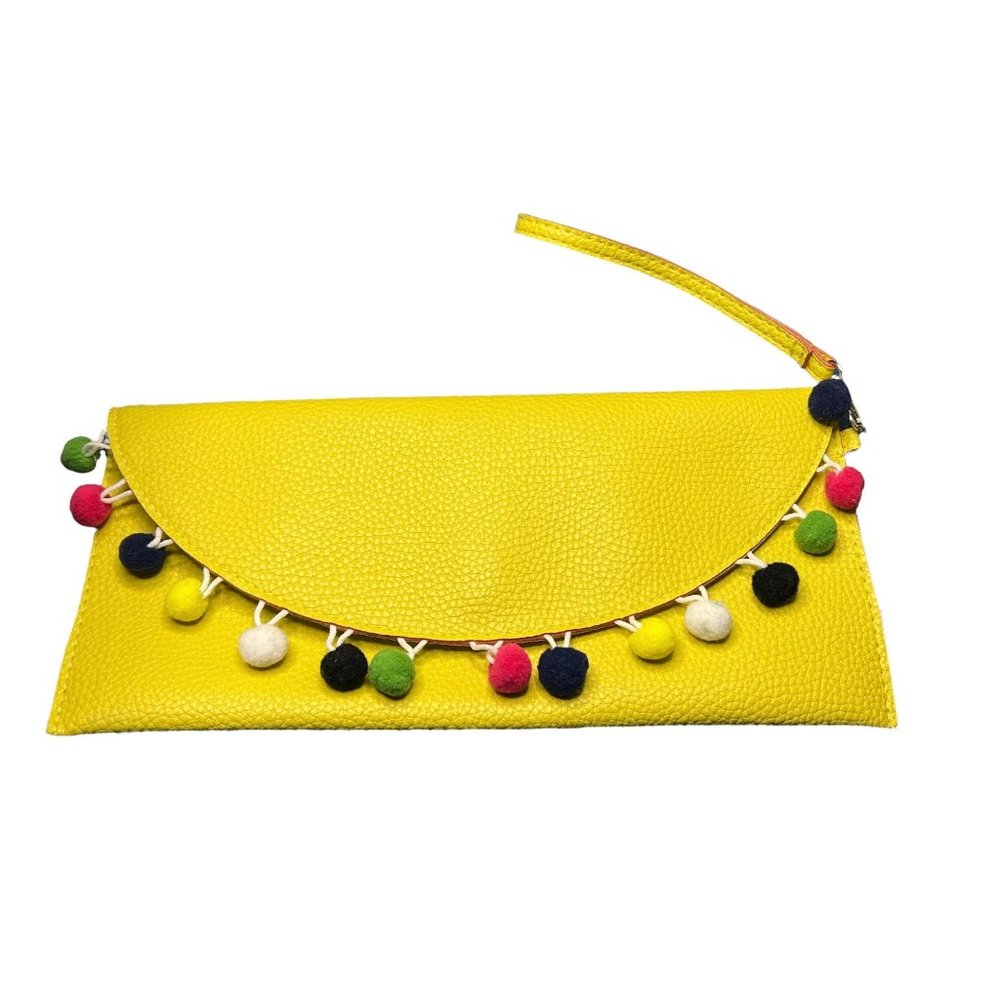 Mainstreet Collection MSC Yellow Green Faux pebble leather clutch wristlet pom p